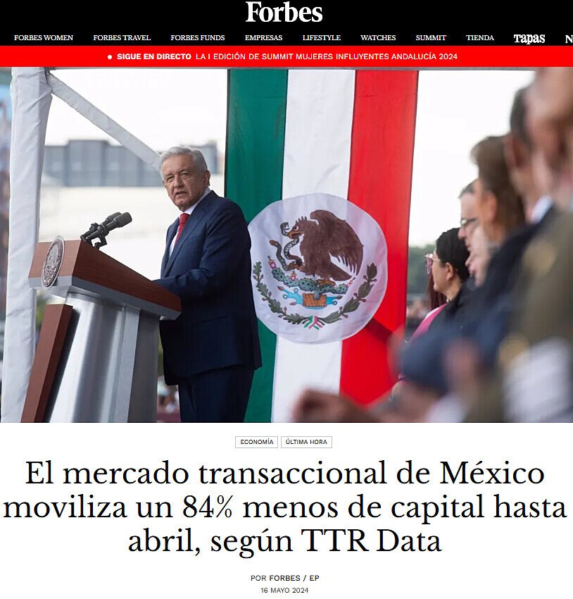 El mercado transaccional de Mxico moviliza un 84% menos de capital hasta abril, segn TTR Data